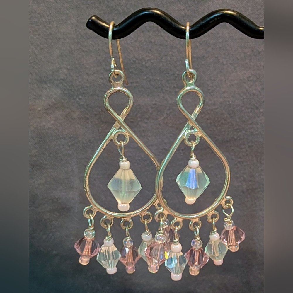 Artisan Elegant Pink &Clear Crystal, Silver Dangle Chandelier Earrings, Handmade